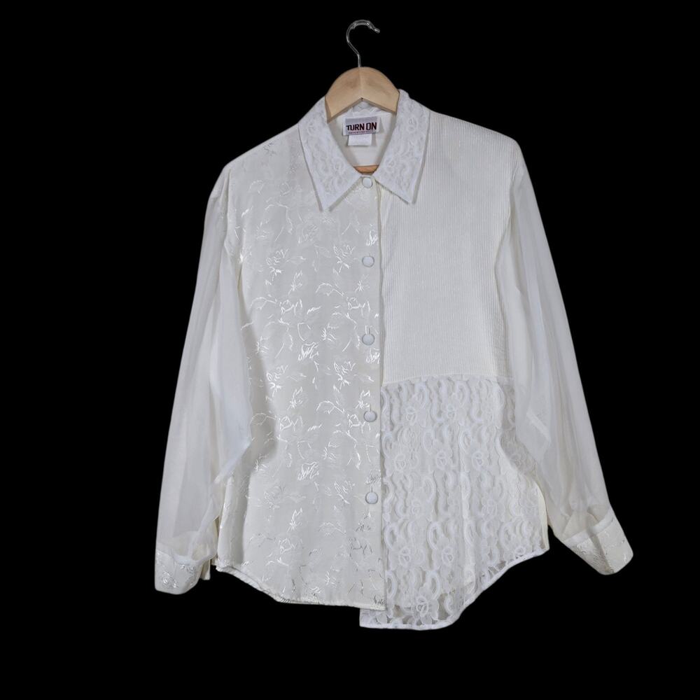 Vintage Turn On Top L Ivory Lace Mixed Media Sheer Sleeve Romantic Secretary